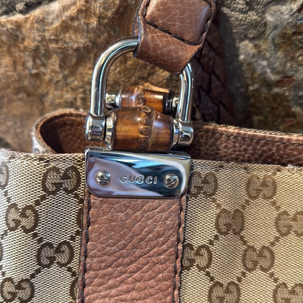 Authentic Gucci Hand Bag Bamboo Brown Canvas GUC - Picture 12 of 16